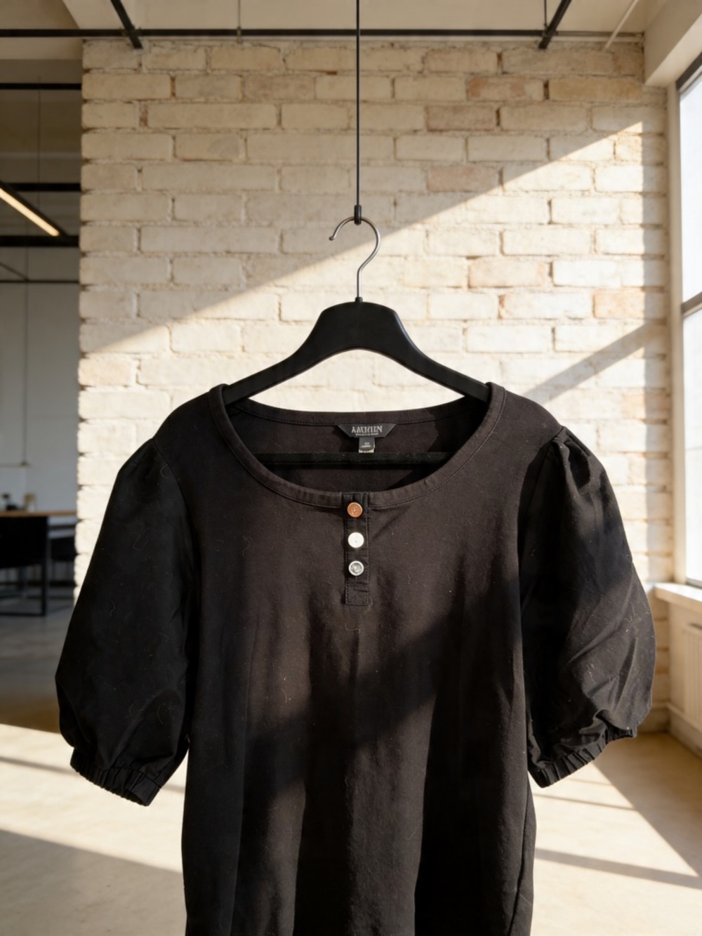 Ralph Lauren Black Puff-Sleeve Button Henley Top
